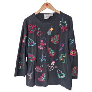 Michael Simon Black Long Sleeve Shirt Embroidery Christmas Vintage Size Large